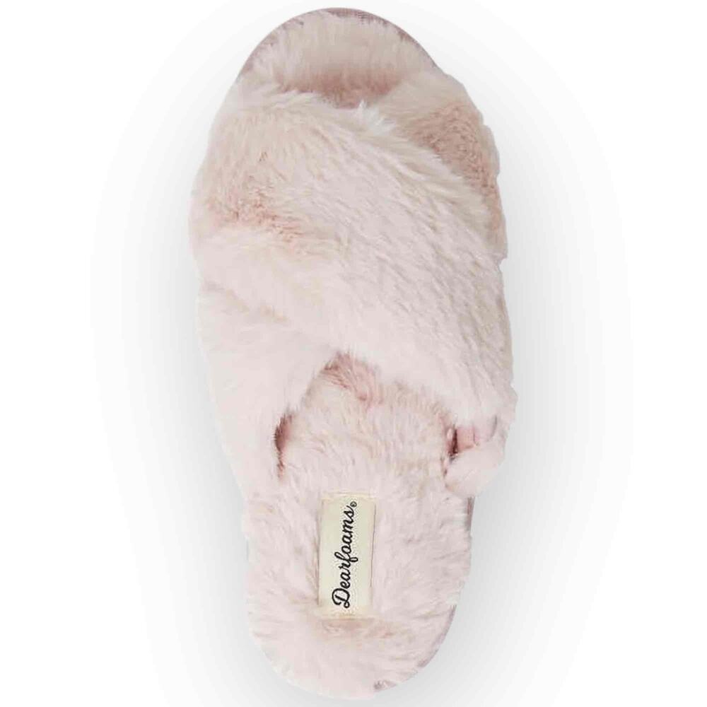 NWT Dearfoams Women’s Jessica Furry Cross Band Slide Slipper Pale Mauve Small - Picture 2 of 6